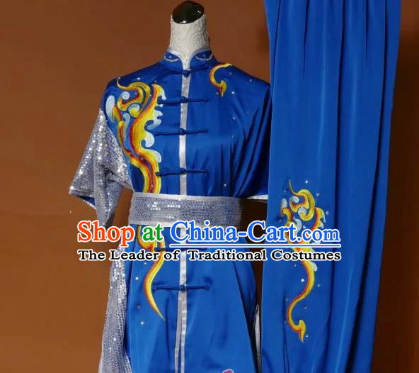 Top Grade Kung Fu Silk Costume Asian Chinese Martial Arts Tai Chi Training Blue Paillette Uniform, China Embroidery Gongfu Shaolin Wushu Clothing for Women for Men