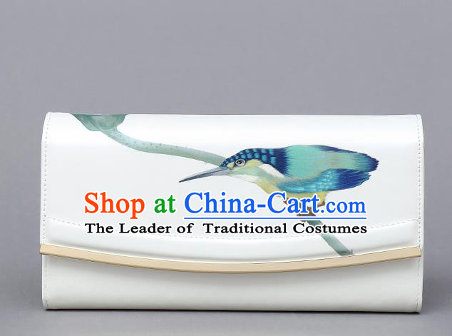 Traditional Handmade Asian Chinese Element Clutch Bags Shoulder Bag National Printing Birds Leather Handbag for Women