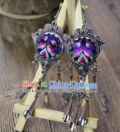 Traditional Handmade Chinese National Miao Nationality Sliver Earrings Embroidery Bells Tassel Eardrop for Women