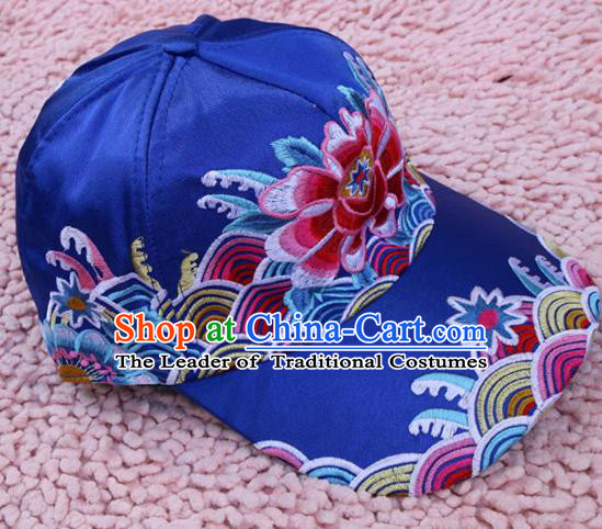 Traditional Handmade Chinese National Embroidery Headwear Miao Nationality Blue Cap for Women