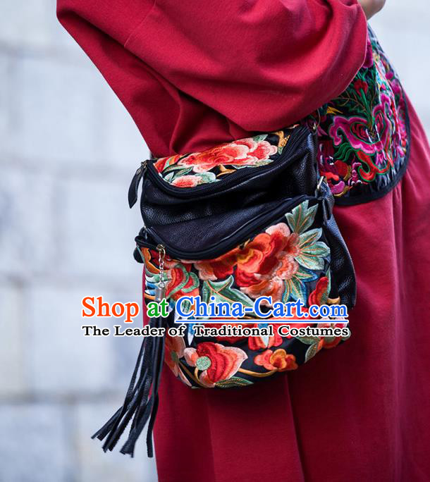 Traditional Handmade Chinese National Waist Bag Miao Nationality Embroidery Red Flowers Leather Pocket for Women
