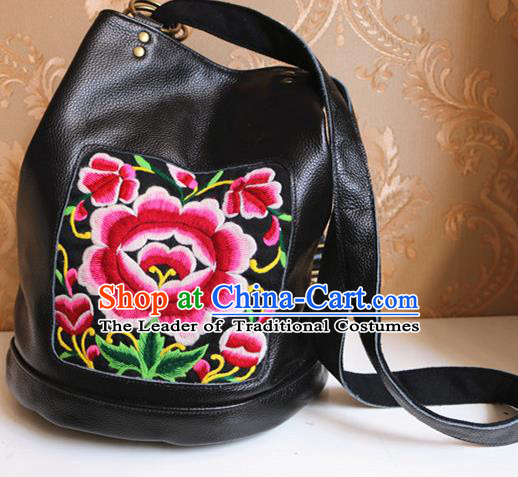 Traditional Handmade Chinese National Shoulder Bag Miao Nationality Embroidery Flowers Leather Bags for Women