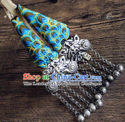 Traditional Handmade Chinese National Miao Nationality Sliver Eardrop Embroidery Peacock Earrings for Women