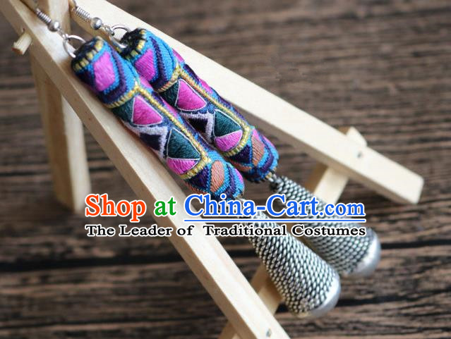 Traditional Handmade Chinese National Miao Nationality Sliver Eardrop Embroidery Earrings for Women