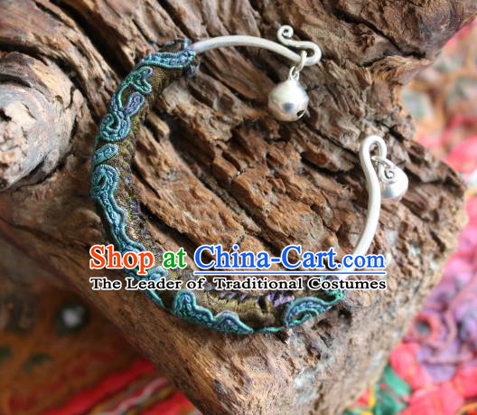 Traditional Handmade Chinese National Miao Nationality Sliver Bracelet Green Embroidery Bell Bangle for Women