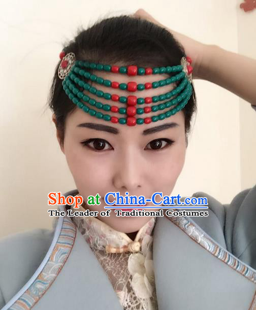 Traditional Handmade Chinese Mongol Nationality Dance Green Beads Hair Accessories Headwear, China Mongols Mongolian Minority Nationality Bride Headpiece for Women