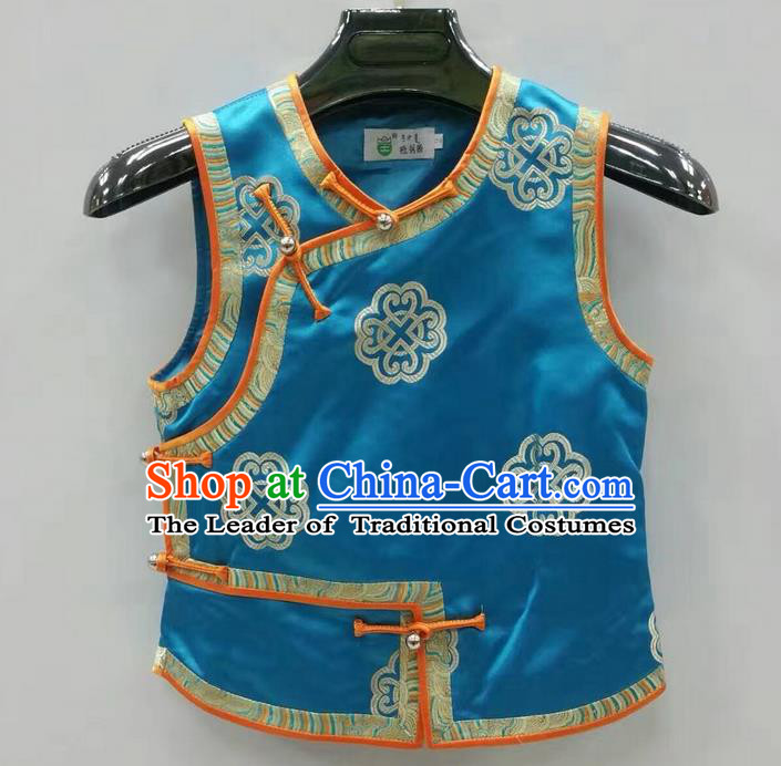Traditional Chinese Mongol Nationality Prince Dance Costume, Mongols Children Folk Dance Ethnic Vest, Chinese Mongolian Minority Nationality Embroidery Blue Waistcoat for Kids