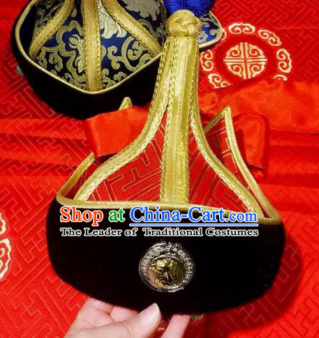 Traditional Handmade Chinese Mongol Nationality Dance Hair Accessories Royal Highness Red Hat, China Mongols Mongolian Minority Nationality Bridegroom Headpiece for Men