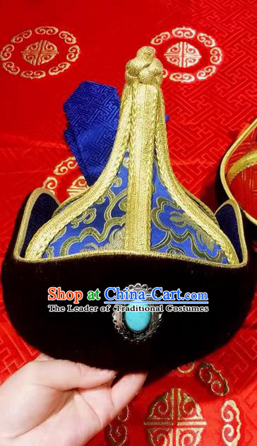 Traditional Handmade Chinese Mongol Nationality Dance Hair Accessories Royal Highness Blue Hat, China Mongols Mongolian Minority Nationality Bridegroom Headpiece for Men