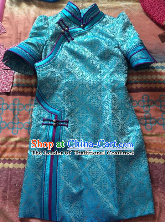 Traditional Chinese Mongol Nationality Dance Costume Blue Mongol Robes, Chinese Mongolian Minority Nationality Embroidery Dress Clothing for Women