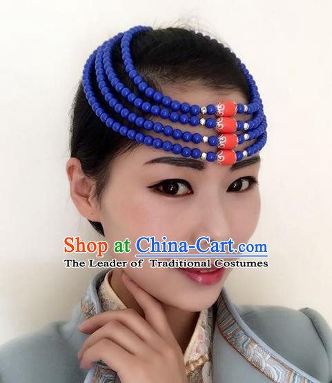 Traditional Handmade Chinese Mongol Nationality Dance Blue Beads Hair Accessories Headwear, China Mongols Mongolian Minority Nationality Bride Headpiece for Women