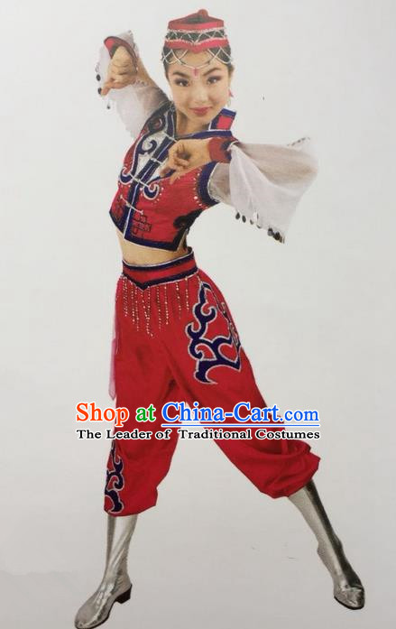 Traditional Chinese Mongol Nationality Dance Costume Red Mongolian Clothing, China Mongolian Minority Nationality Clothing for Women