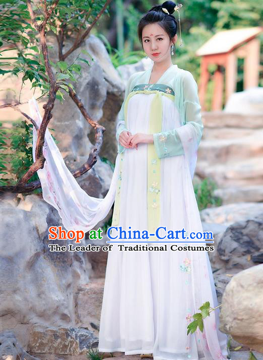 Traditional Ancient Chinese Costume Tang Dynasty Embroidery Blouse and Dress, Elegant Hanfu Clothing Chinese Princess Fairy Costume for Women