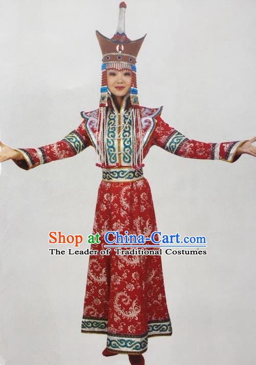 Traditional Chinese Mongol Nationality Dance Costume Bride Mongolian Robe, China Mongolian Minority Nationality Princess Dress Clothing for Women