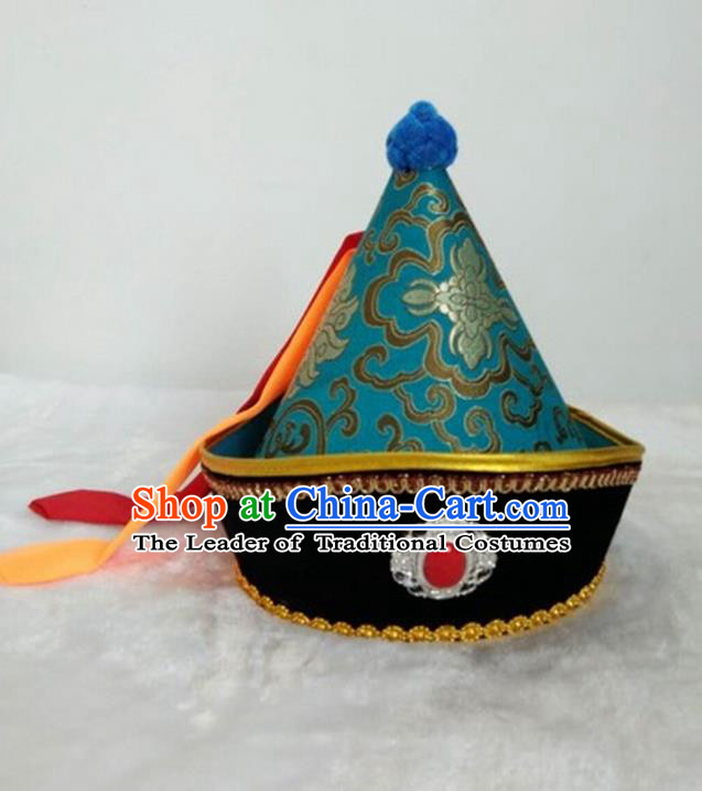 Traditional Handmade Chinese Mongol Nationality Dance Headwear Prince Green Hat, China Mongolian Minority Nationality Children Royal Highness Headpiece for Kids