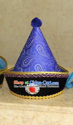 Traditional Handmade Chinese Mongol Nationality Dance Headwear Prince Purple Hat, China Mongolian Minority Nationality Children Royal Highness Headpiece for Kids