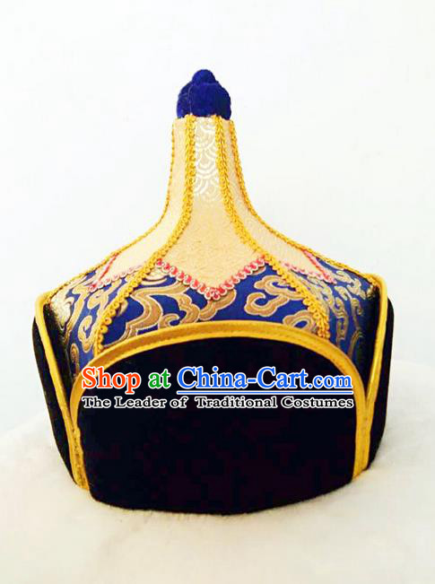 Traditional Handmade Chinese Mongol Nationality Dance Headwear Royal Highness Royalblue Hat, China Mongolian Minority Nationality Children Bridegroom Headpiece for Kids
