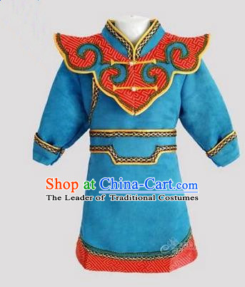 Traditional Chinese Mongol Nationality Dance Costume Handmade Blue Mongolian Robe, China Mongolian Minority Nationality Children Clothing