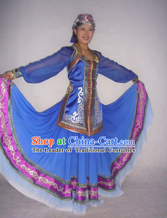 Traditional Chinese Mongol Nationality Dance Costume Handmade Mongolian Robe, China Mongolian Minority Nationality Blue Dress Clothing for Women