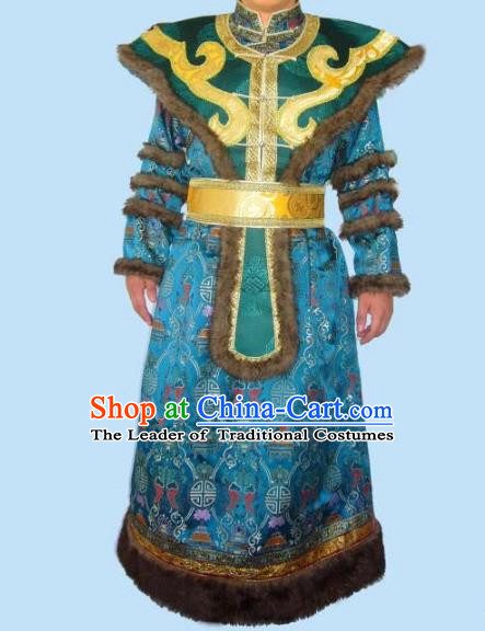 Traditional Chinese Mongol Nationality Dance Costume Handmade Peacock Blue Mongolian Robe, China Mongolian Minority Nationality Bridegroom Clothing for Men