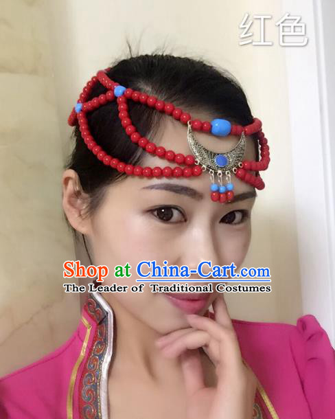 Traditional Handmade Chinese Mongol Nationality Handmade Sliver Red Beads Headband, China Mongols Mongolian Minority Nationality Wedding Bride Tassel Headwear Headpiece for Women