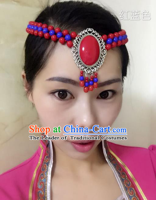 Traditional Handmade Chinese Mongol Nationality Handmade Blue and Red Beads Headband, China Mongols Mongolian Minority Nationality Wedding Bride Tassel Headwear Headpiece for Women