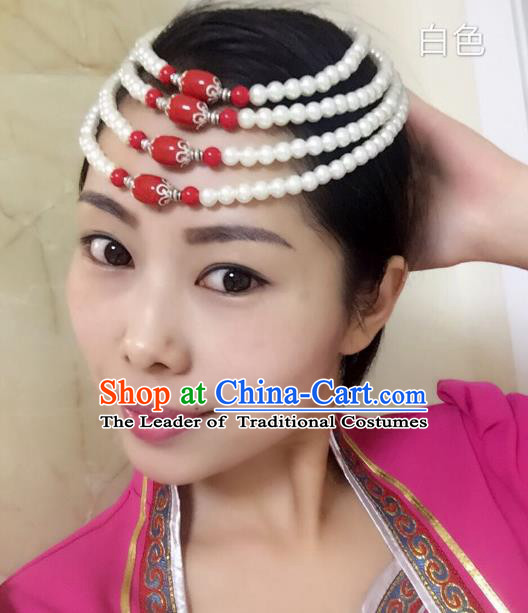 Traditional Handmade Chinese Mongol Nationality Handmade White Beads Headband, China Mongols Mongolian Minority Nationality Wedding Bride Headwear Headpiece for Women