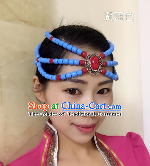 Traditional Handmade Chinese Mongol Nationality Handmade Blue Beads Headband, China Mongols Mongolian Minority Nationality Wedding Bride Headwear Headpiece for Women