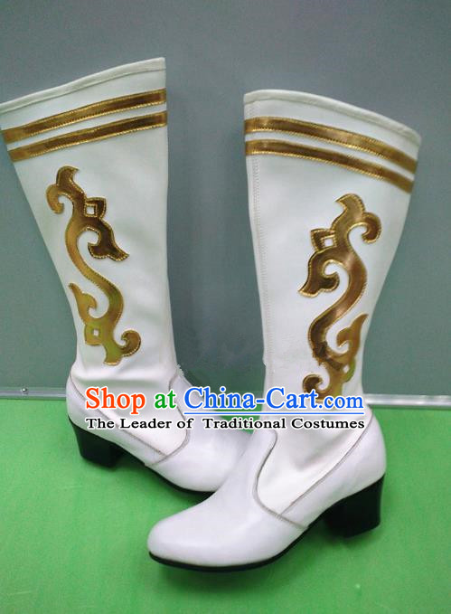 Traditional Chinese Minority Mongol Nationality Dance White Leather Shoes, Ethnic Minorities Mongolian Boots for Women