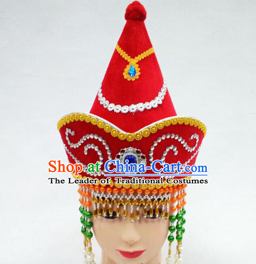 Traditional Handmade Chinese Mongol Nationality Handmade Princess Tassel Red Hat Hair Accessories, China Mongols Mongolian Minority Nationality Wedding Headwear for Women
