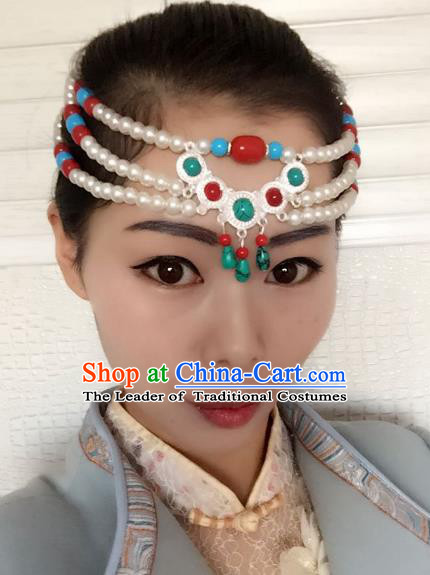 Traditional Handmade Chinese Mongol Nationality Dance Headwear Tassel Headband, China Mongolian Minority Nationality Pearls Hair Accessories Headpiece for Women