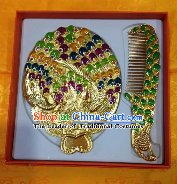 Traditional Handmade Chinese Mongol Nationality Crafts Comb and Peacock Pocket Mirror, China Mongolian Minority Nationality Cloisonne Mirror for Women