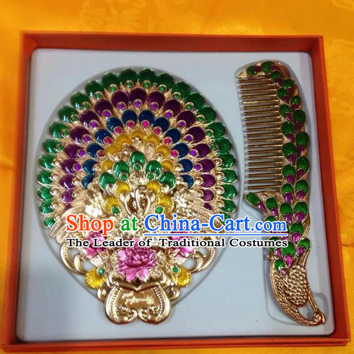 Traditional Handmade Chinese Mongol Nationality Crafts Comb and Green Peacock Pocket Mirror, China Mongolian Minority Nationality Cloisonne Mirror for Women