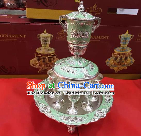Traditional Handmade Chinese Mongol Nationality Crafts Light Green Wine Set, China Mongolian Minority Nationality Cloisonne Carving Flagon and Drinking Cup