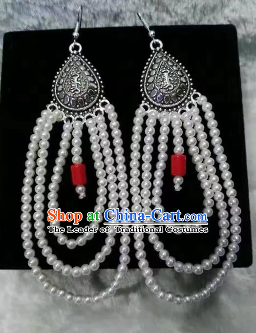 Traditional Handmade Chinese Mongol Nationality Crafts Earrings, China Mongolian Minority Nationality Accessories White Beads Eardrop for Women