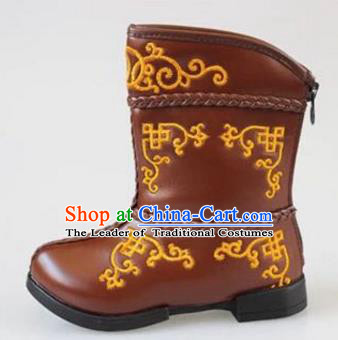 Traditional Chinese Minority Mongol Nationality Dance Shoes, Ethnic Minorities Mongolian Boots Brown Embroidery Boots for Kids