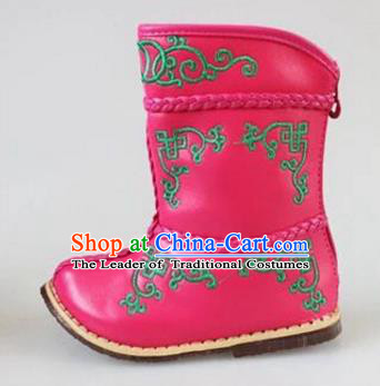 Traditional Chinese Minority Mongol Nationality Dance Shoes, Ethnic Minorities Mongolian Boots Pink Embroidery Boots for Kids