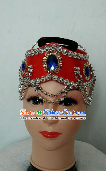 Traditional Handmade Chinese Mongol Nationality Dance Red Headwear, China Mongols Mongolian Minority Nationality Bride Hair Accessories Headpiece for Women