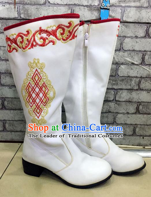 Traditional Chinese Minority Mongol Nationality Dance Shoes, Ethnic Minorities Mongolian Wedding Boots White Embroidery Boots for Women