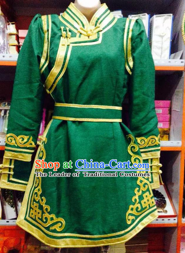 Traditional Chinese Mongol Nationality Dance Costume Handmade Embroidery Mongolian Robe, China Mongolian Minority Nationality Green Dress for Women