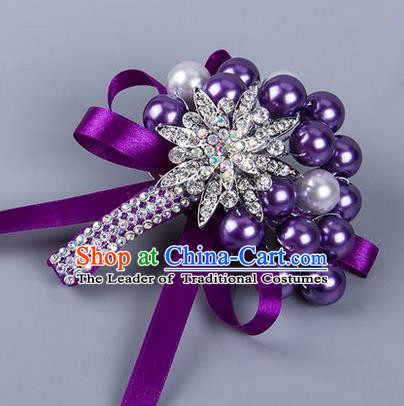 Top Grade Wedding Accessories Decoration Pearl Corsage, China Style Wedding Ornament Champagne Bride Bridegroom Purple Ribbon Crystal Brooch