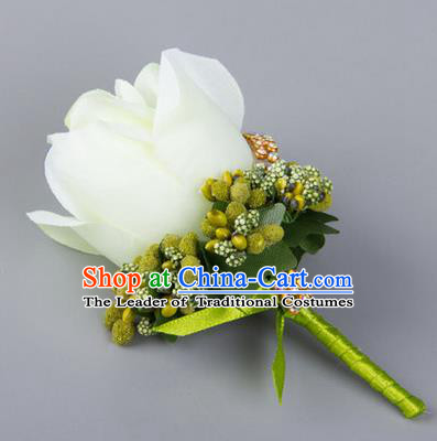 Top Grade Wedding Accessories Decoration Flower Corsage, China Style Wedding Ornament Champagne Bridegroom White Rose Brooch