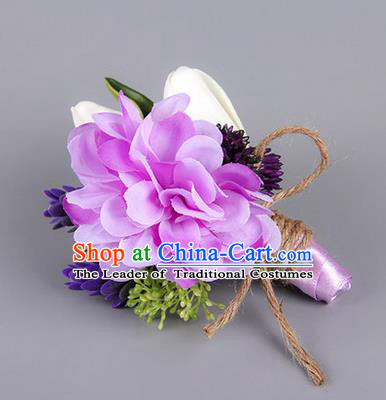Top Grade Classical Wedding Silk Flowers,Groom Emulational Corsage Groomsman Purple Brooch Flowers for Men
