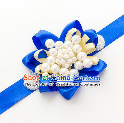 Top Grade Classical Wedding Pearl Blue Ribbon Bangle, Bride Emulational Wrist Flowers Bridesmaid Bracelet Flowers for Women