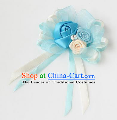 Top Grade Classical Wedding Ribbon Flowers, Bride Emulational Corsage Bridesmaid Light Blue Bowknot Brooch Flowers for Women