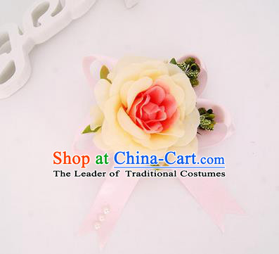 Top Grade Classical Wedding Champagne Silk Flowers, Bride Emulational Corsage Bridesmaid Bowknot Ribbon Brooch Rose Flowers for Women