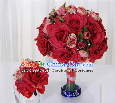 Top Grade Classical Wedding Red Silk Flowers, Bride Holding Emulational Flowers, Hand Tied Bouquet Flowers Brooch Flowers Wrist Flowers for Women