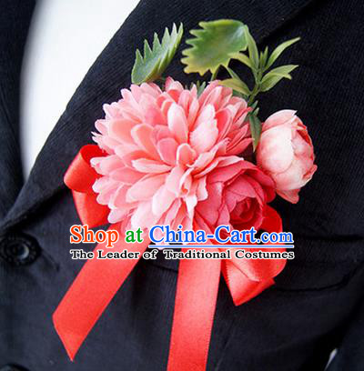 Top Grade Classical Wedding Silk Flowers,Groom Emulational Corsage Groomsman Red Ribbon Brooch Flowers for Men
