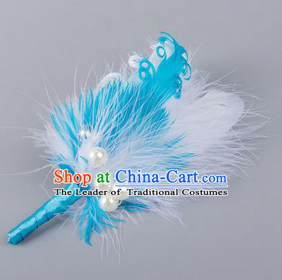 Top Grade Classical Wedding Blue Feather Corsage Brooch, Groom Emulational Corsage Groomsman Brooch Flowers for Men