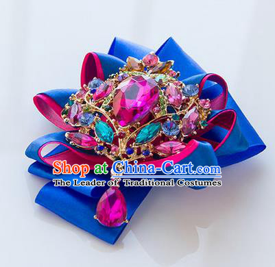 Top Grade Classical Wedding Royalblue Ribbon Corsage Brooch, Bride Emulational Corsage Bridemaid Crystal Brooch Flowers for Women